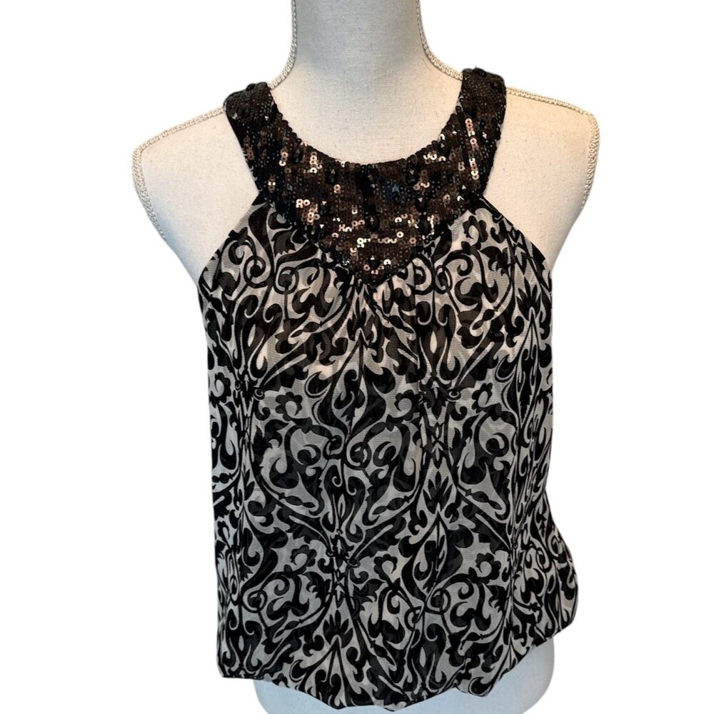 Y2K Sheer Damask Ruched Halter Top Sequin Gemstone Neckline Medium. EUC